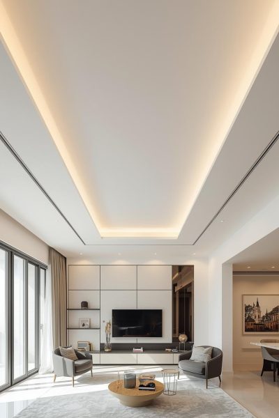 Affordable residential interior with PVC ceiling panels, lightweight and clean design, smooth finish, modern UAE home interior. (1)