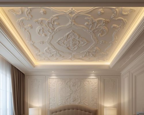 Elegant bedroom with decorative Plaster of Paris (POP) ceiling design, soft cove lighting, intricate patterns, stylish and modern interior finishing in UAE. (2)