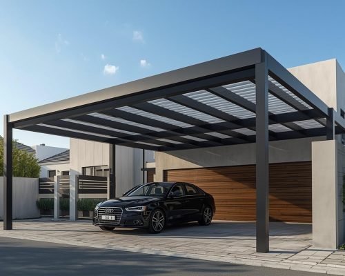 Modern steel cantilever car parking shade with solid metal beams and roof panels, durable black or grey steel, realistic photo, UAE villa driveway style.