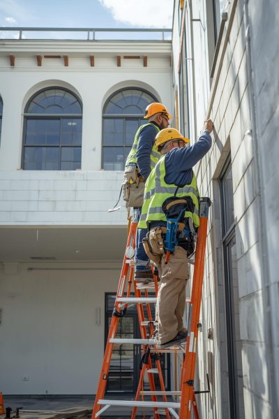 Workers performing building maintenance tasks on a modern villa or office, shown from side or back angles, focus on tools, ladders, and repairs, no clear faces visible, clean and realistic style